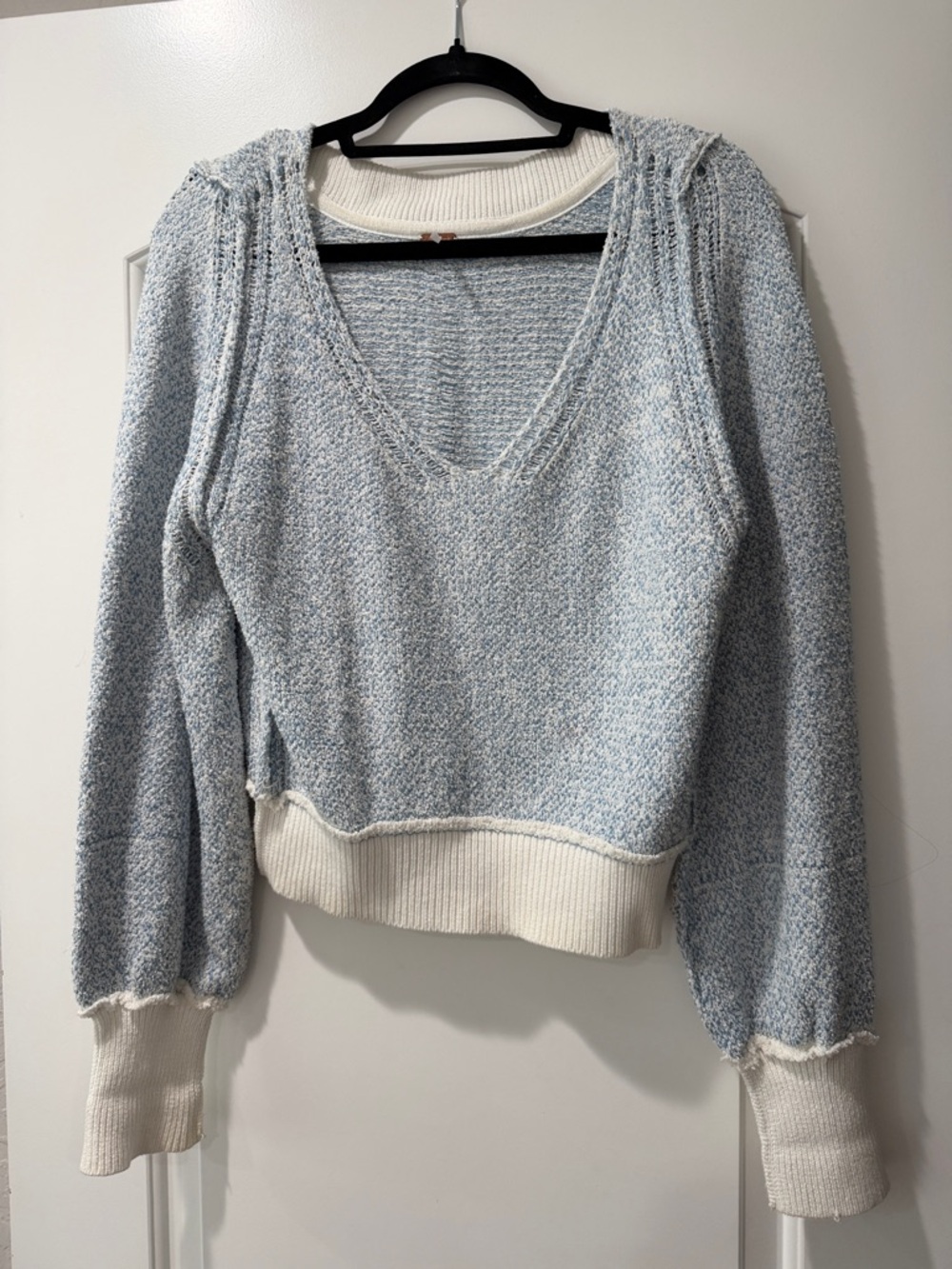 Free People Powder Blue V-Neck Sweater with Cream Trim
